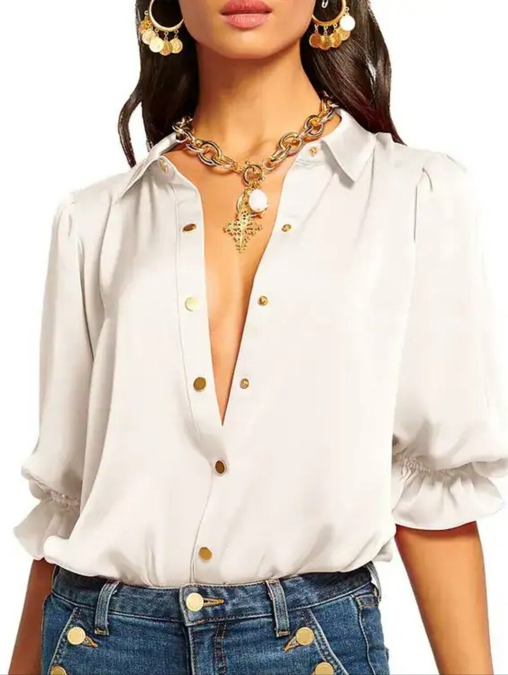Ramy Brook Dina Button Down Ivory Satin Bodysuit with Puff 3/4 Sleeves